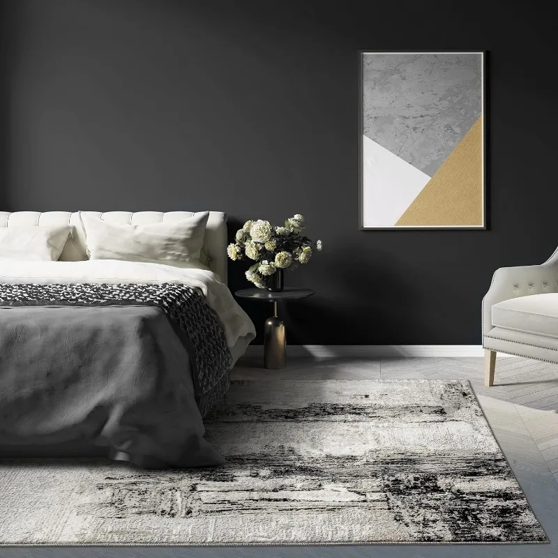 Distressed Abstract Blue Area Rug, Non-Shedding Carpet