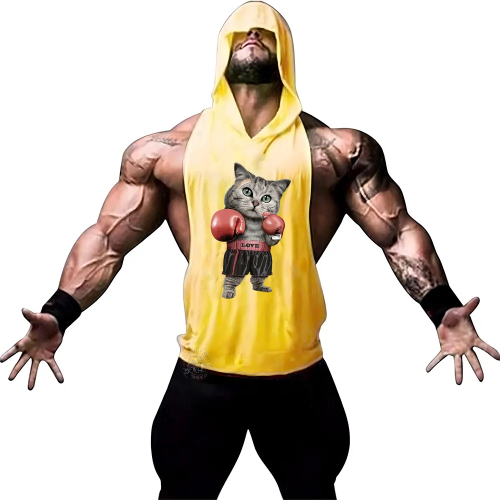 Description Picture 5 of itemMen's hooded vest Breathable solid color print boxing cat fashion fast dry sports fitness casual fashion sleeveless multi-color
