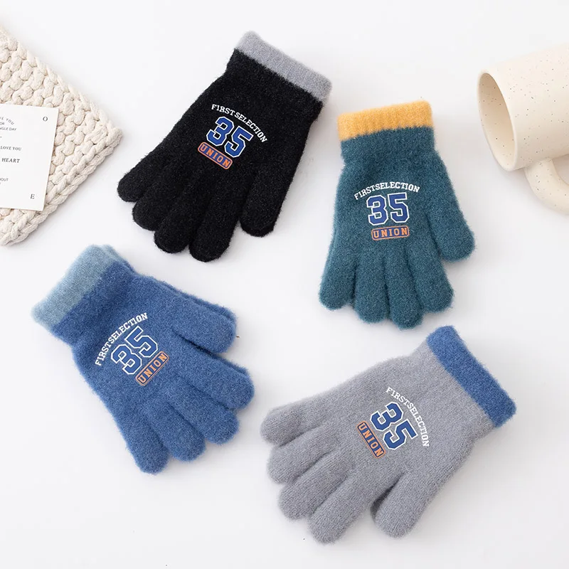 Kids Knitted Gloves Winter Warm Full Fingers Mittens Boys Handsome Cold-proof Soft Children Gloves For 4-8 Years