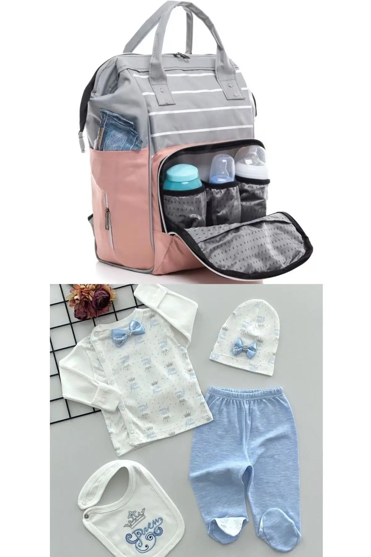 

2 Pieces 100% Cotton Hospital Outlet and Waterproof Stap-Free Functional Baby Care Backpack Set Pink