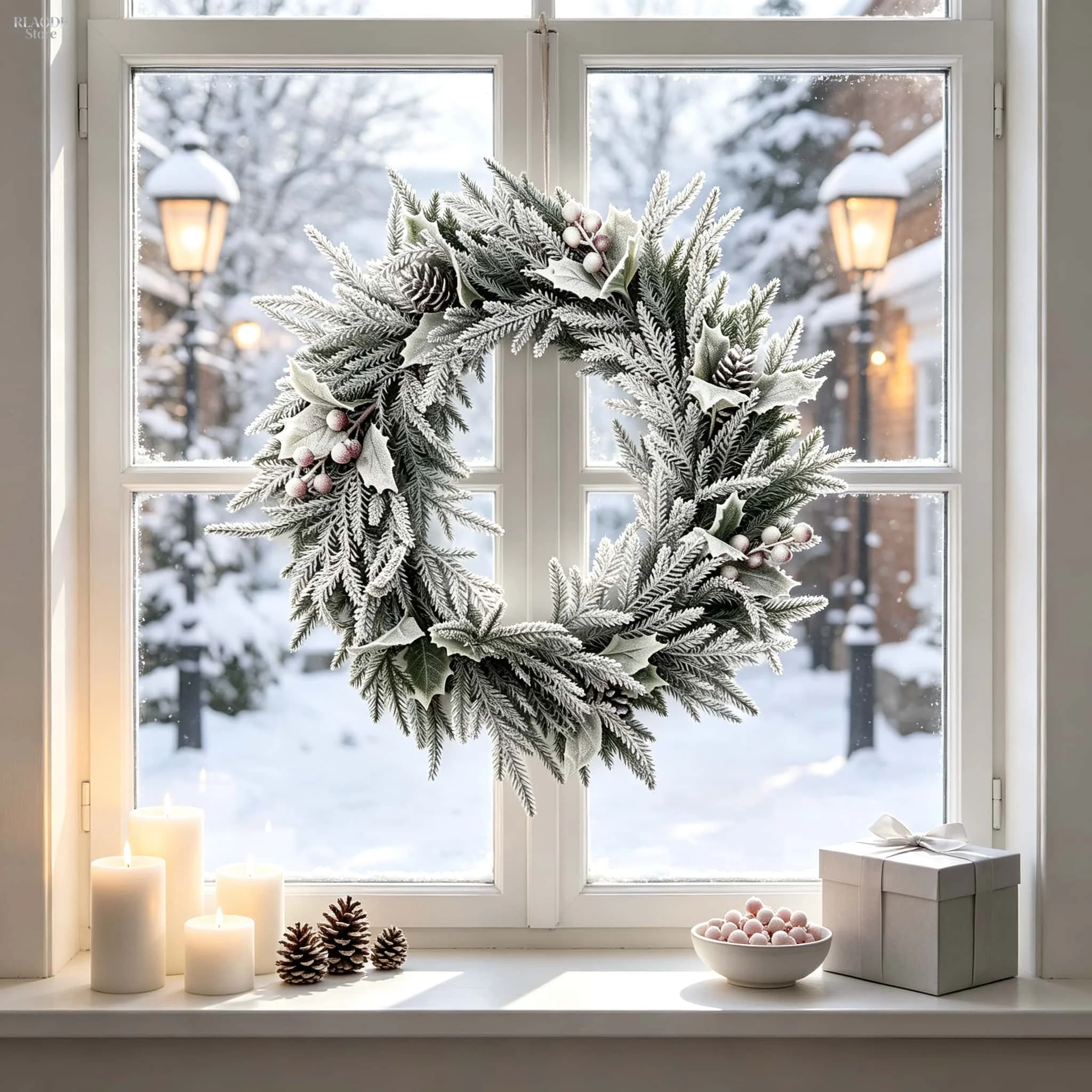 Festive Frosted Pine Wreath with Holly, Red Berries & Pinecones - Farmhouse Christmas Décor