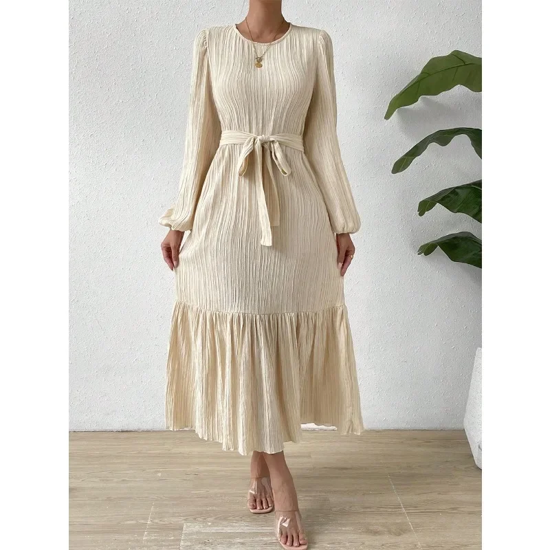 

Solid Color Round Neck Lantern Sleeve Big Swing Dress Y2K Pullover Maxi Dress Women High Waist Ruffle Stripe Belt Dress