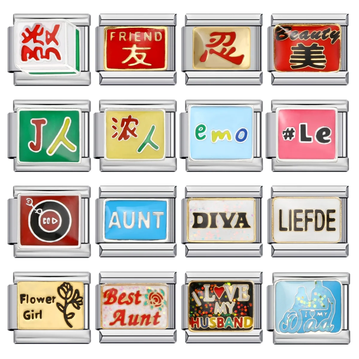 1pc Persönlichkeit Chinesische Worte Liebe Diva Einfache Italienische Charme Link fit 9mm Edelstahl Armband DIY Herstellung schmuck Perlen – Detail 1