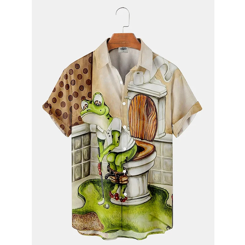 thumbnail image 1 of Camisa hawaiana divertida para hombre, estampado 3D de rana, blusa hawaiana de verano para playa, blusa informal de manga corta con solapa, ropa de calle para hombre, 1 of 5