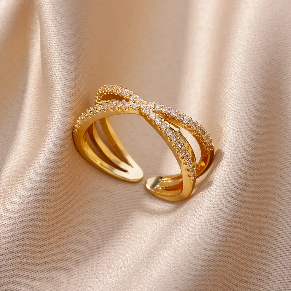 Zircon Cross Rings For Women Gold Plated Openning Stainless Steel