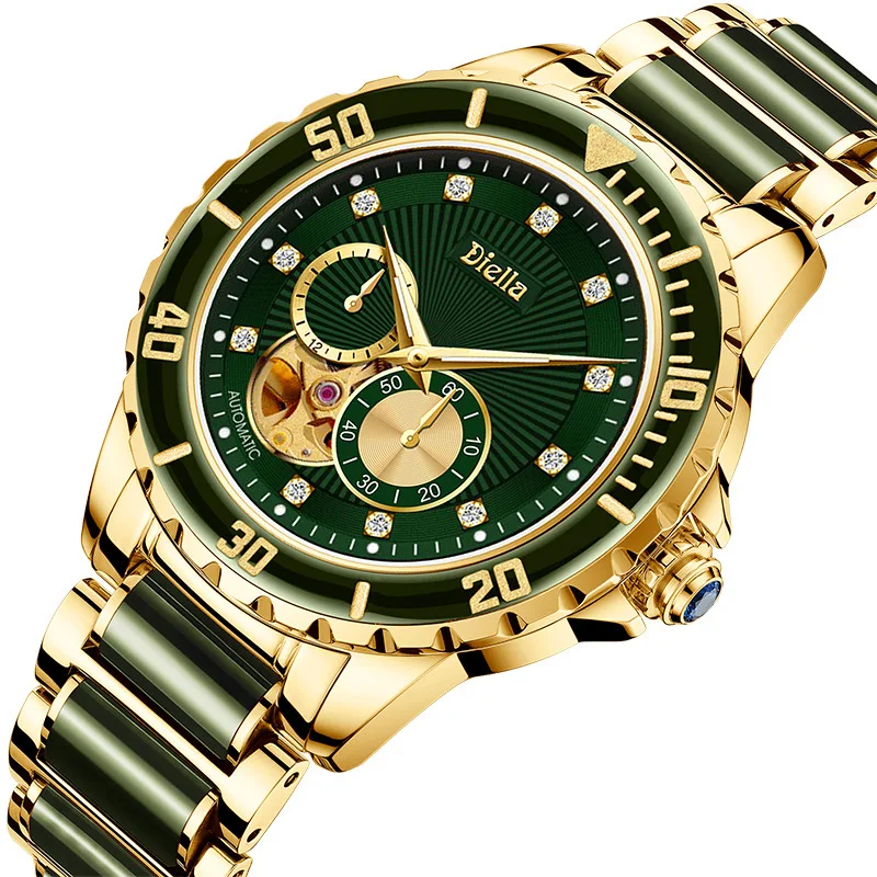

Diella Natural Emerald Jade Watch Man Automatic Mechanical Watches Luminous Waterproof Chronograph Clock With Sappire Glass