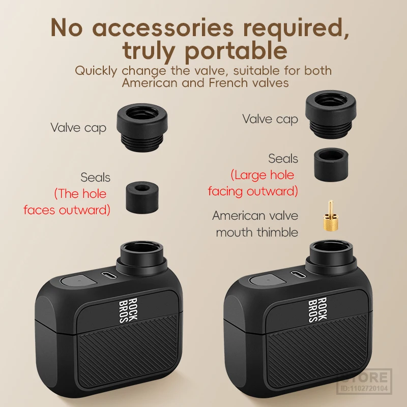 ROCKBROS 미니 전기 공기 펌프, 충전 자전거 공기 압축기, 휴대용 자전거 펌프, 충전식 타이어 팽창기, 100PSI, 5V 