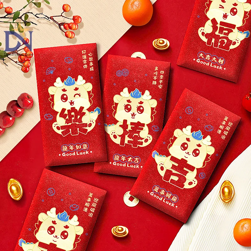

6PCS 2024 Year Of Dragon Chinese Long Red Envelopes Dragon Pattern Lucky Money Envelopes Red Packet For New Year Blessing Gift