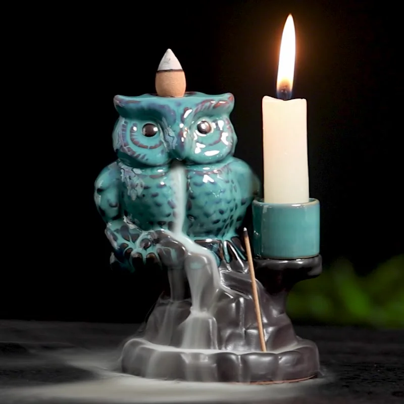 Creative Ceramic Owl Incense Burner with Backflow Feature Home