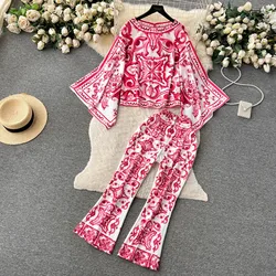 Spring Summer Fashion Vintage Print Women O-Neck Flared Sleeve Loost Tops + Pockets Cropped Pants Suit Runway 2 Pieces Set N5809