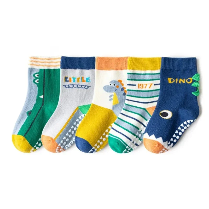 5 Pairs Children's Cotton Socks 1-12Ys Mid-tube Dispensing Floor Playground Non-slip Socks Trampoline Toddler Socks 4