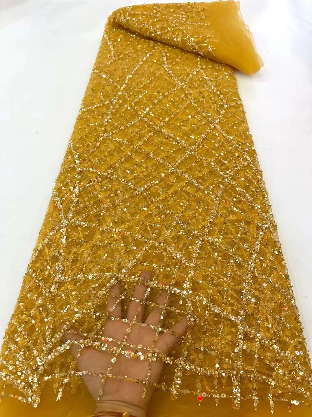 

Popular Beaded Lace Design Beads Embroidery French Tulle Net /African Nigeria Fabirc Lace For Weddings Evening Dresses Party