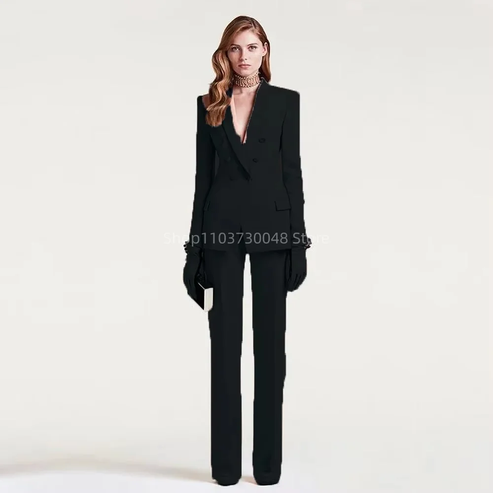 Sky Blue Stylish Women Suit Peak Lapel Double Breasted Slim Fit 2 Pieces Jacket Pants Business Formal Occasion Female Clothing