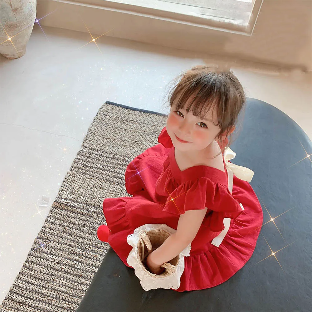 베어 리더 여름 소녀 드레스, 플라잉 슬리브 드레스, 캐주얼 프릴 드레스, 솔리드 백 나비 매듭 A 라인 베이비 드레스, 아동복