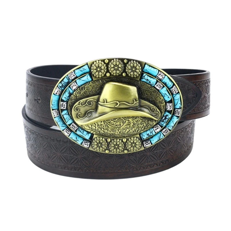 

M89E Vintage Men Teens Relief Cowboy Hat Waist Belt PU-Leather Adjustable Cowboy Belt