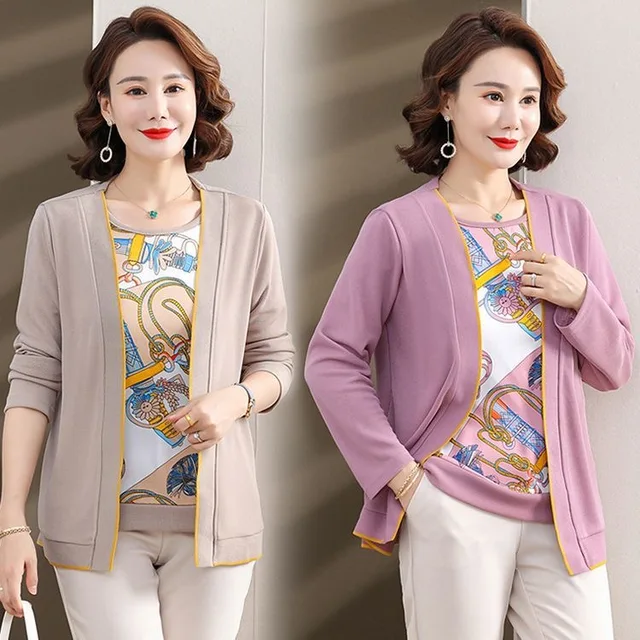 Solid Two Pieces Sets Sweater Women 2026 New  Spring Autumn Mother Sweater Pull Femm T-shirt+ Cardigans Suit Sweater For Women 5