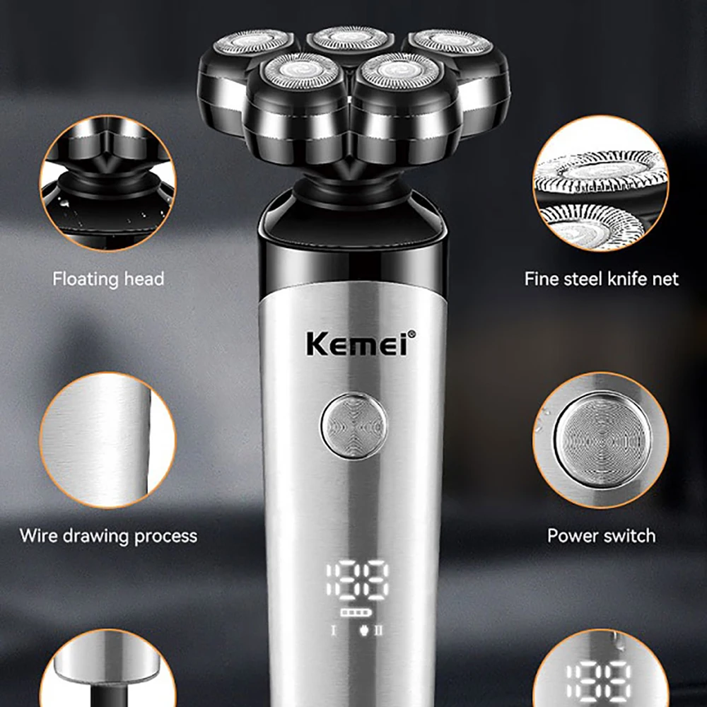 Kemei Rechargeable 5 Blades Shaver Electric Rotary Razor Bald Head Intelligent Wet Dry Men Beard Shaving Trimmer IPX5 Washable 2