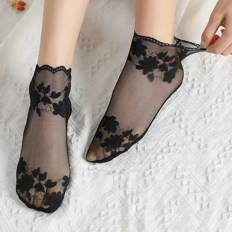 New2024 Socks Women's Lace Transparent Lolita Invisible Summer Thin Non-slip Short  Ankle Black Low Cut Boat Sock