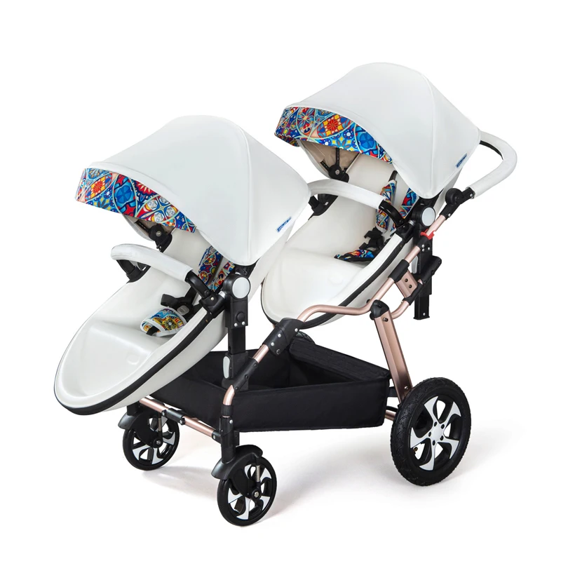 2025New Luxury twins baby stroller,aluminum frame PU leather twin pram,baby can sit and lying,double baby stroller carriage