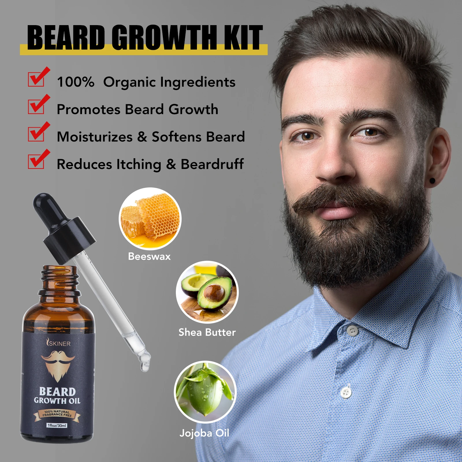 Beard Growth Kit For Men Barbe Hair Enhancer beard Essential Oil Moisturizing Wax Growth Roller Comb Styling Scissors Beard Care