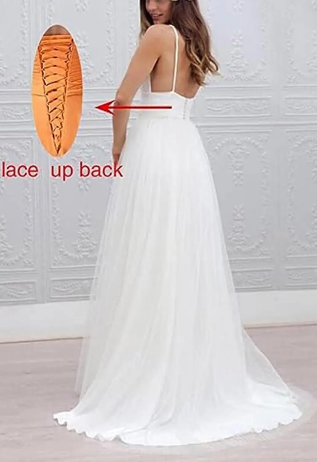 Women’s A Line V Neck Backless Wedding Dresses for Bride Sleeveless Pleated Tulle Bridal Gown with Train Simple Wedding Dress 2