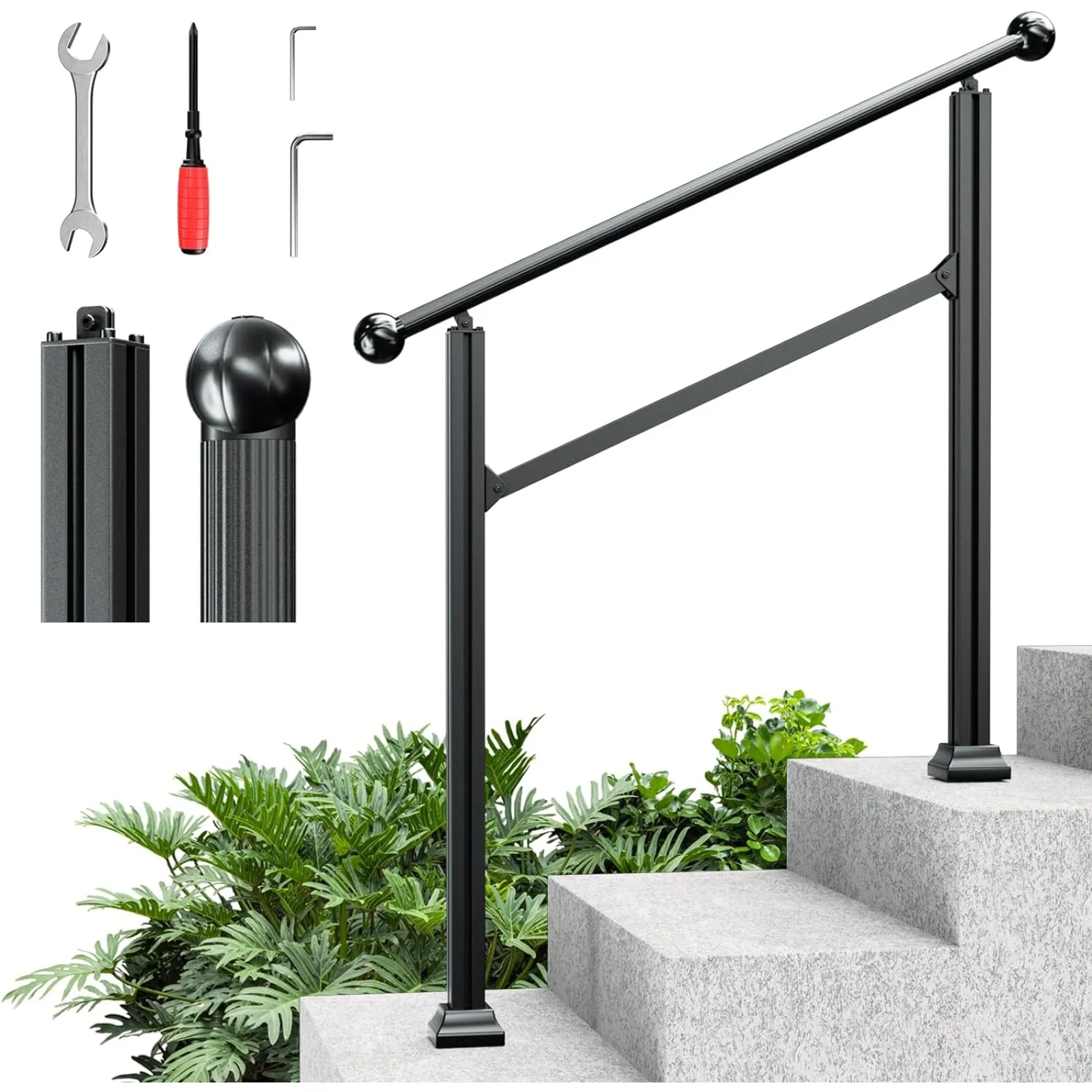 

US Heavy Duty 3 Steps Handrails for Outdoor Steps - Adjtable Height Outdoor Stair Railing Fits 2