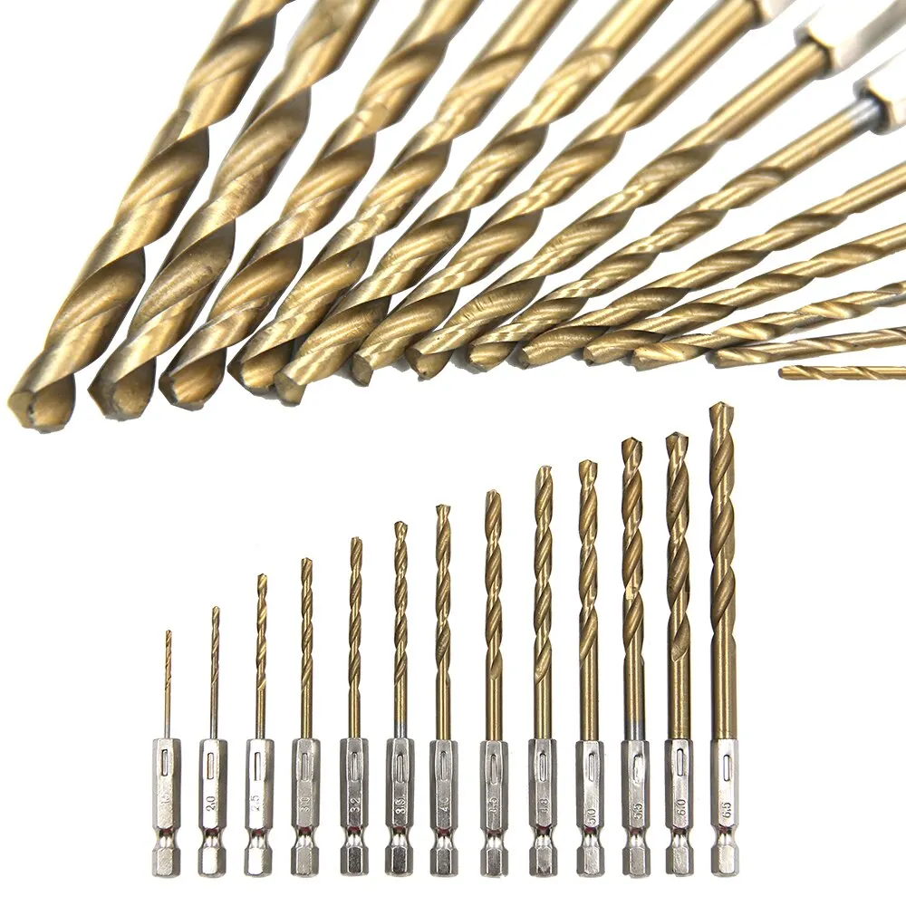 Hexagonal Handle Titanium Plated Fried Dough Twists Drill 1.5-6.5mm Electric Drill Screwdriver Drilling Reaming Tool 13pc