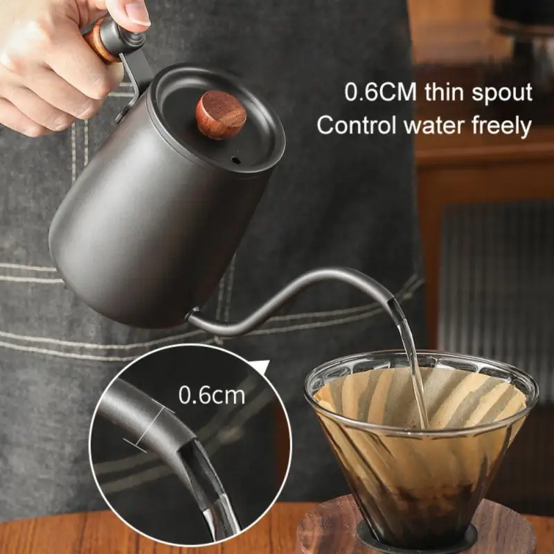 

600ml Stainless Steel Coffee Pot Solid Wood Handle Long Thin Pour Mouth Coffee Kettle For Household Office Kitchen Coffee Shop