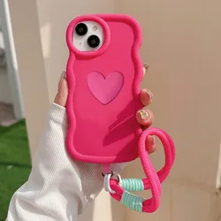 Love Heart Candy Wavy Silicone Soft Case with Hanging Rope for Realme P1 Pro 5G (Rose Red)