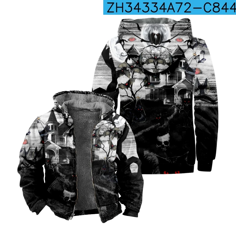 2023 New Halloween Cotton Coat Hooded Sweater Casual Print Long Sleeve Zipper Sweater Thick Cotton Coat Winter a02