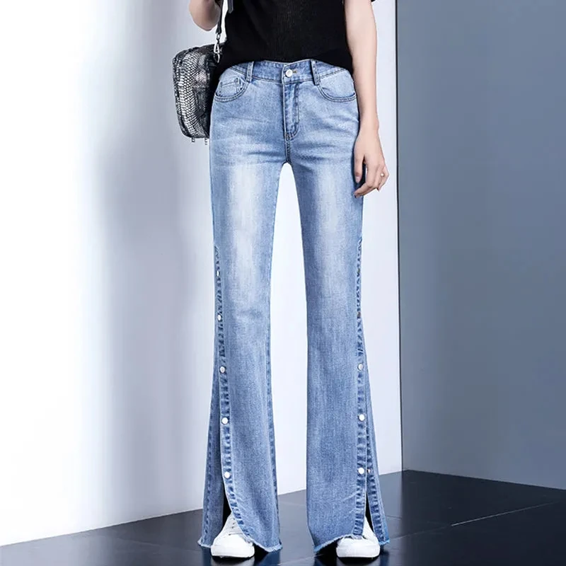 High Waist Flare Jeans Light Blue Denim Trousers Long Pants Lady Spring Single-Breasted Side Slit Slim Jeans Women Korea Fashion