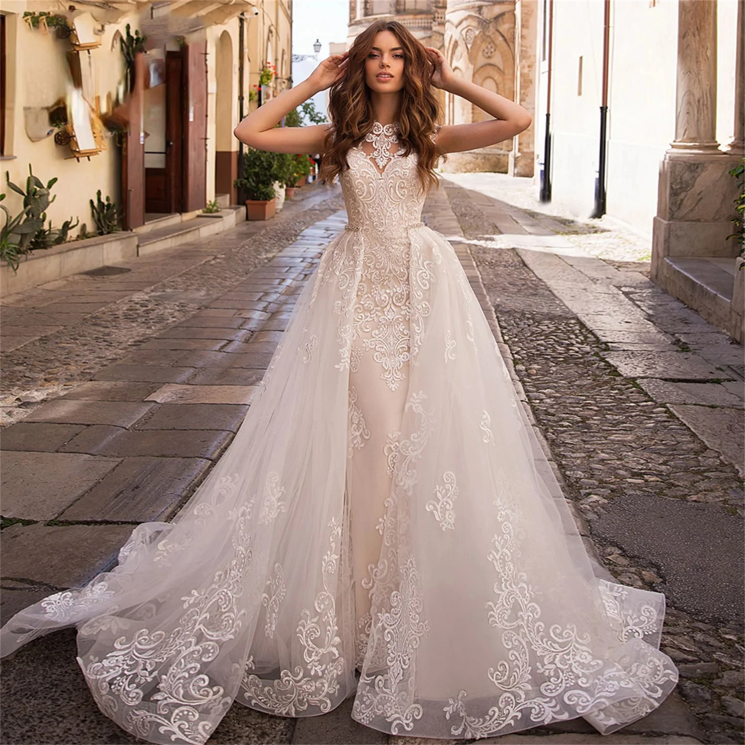 

Luxury Exquisite A-Line New Wedding Dresses O-Neck Sleeveless Bridal Gowns Appliques Backless Organza Vestidos De Novia W10332