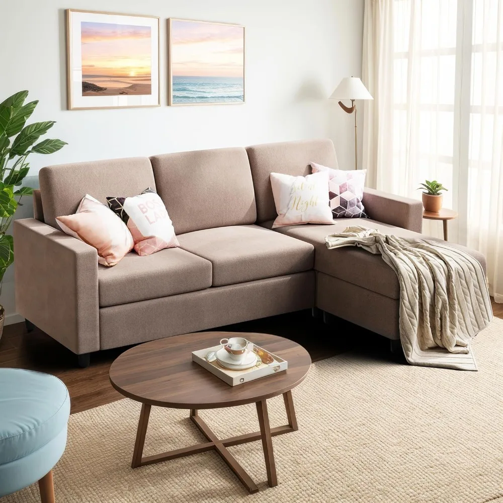 

Convertible modular sofa, modern linen fabric L-shaped 3-seater modular sofa with reversible chaise longue