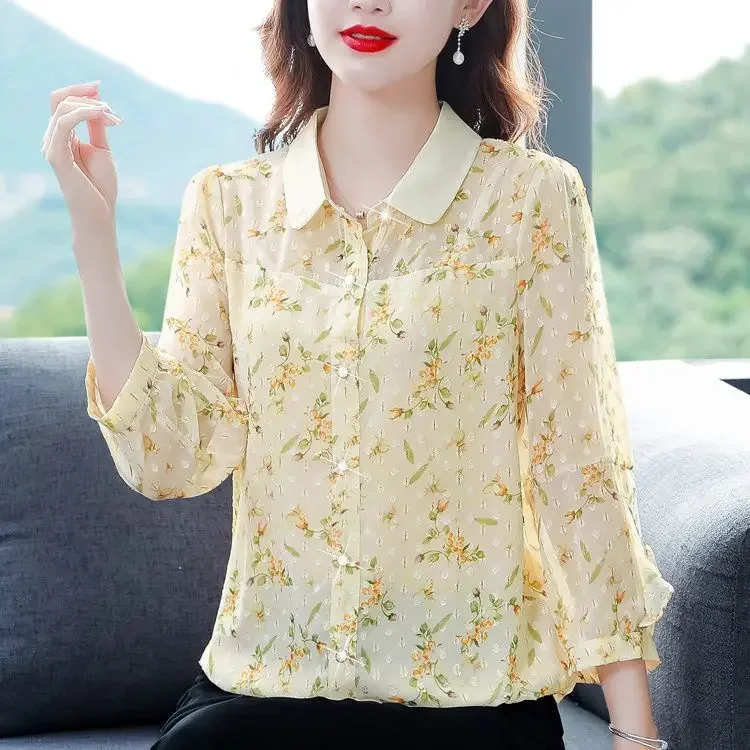 

Summer Fashion Elegant Floral Printing Long Sleeve Chiffon Shirt Ladies Temperament Single Breasted Blouse Cardigan Top B200