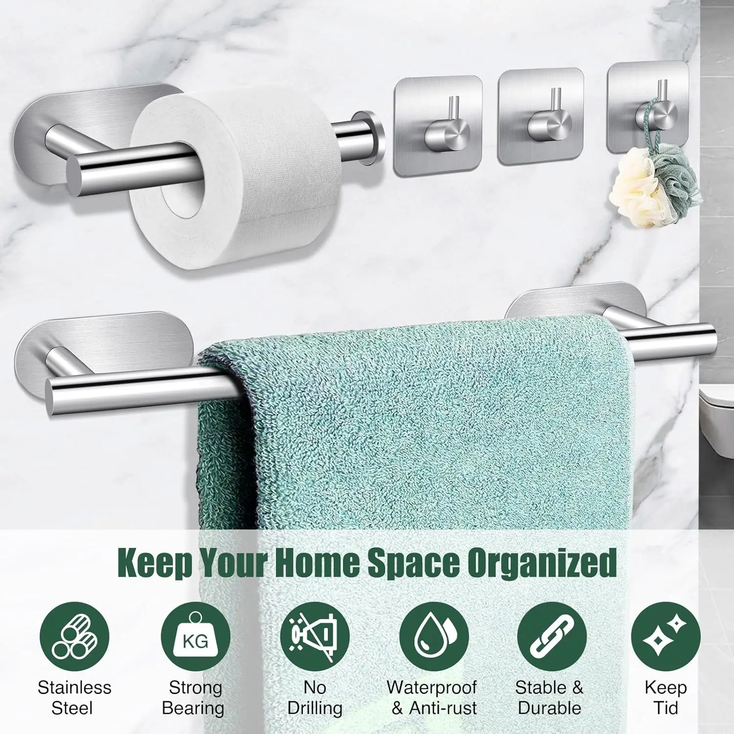 ชุดราวแขวนผ้าในห้องน้ำ โดยไม่ต้องเจาะ เหล็กไร้สนิม ชุดอุปกรณ์ฮาร์ดแวร์สำหรับห้องน้ำ กาวติดแน่น ที่ใส่ม้วนกระดาษ ตะขอติดผนัง 1