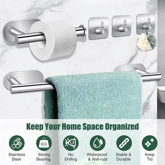 ชุดราวแขวนผ้าในห้องน้ำ โดยไม่ต้องเจาะ เหล็กไร้สนิม ชุดอุปกรณ์ฮาร์ดแวร์สำหรับห้องน้ำ กาวติดแน่น ที่ใส่ม้วนกระดาษ ตะขอติดผนัง 1