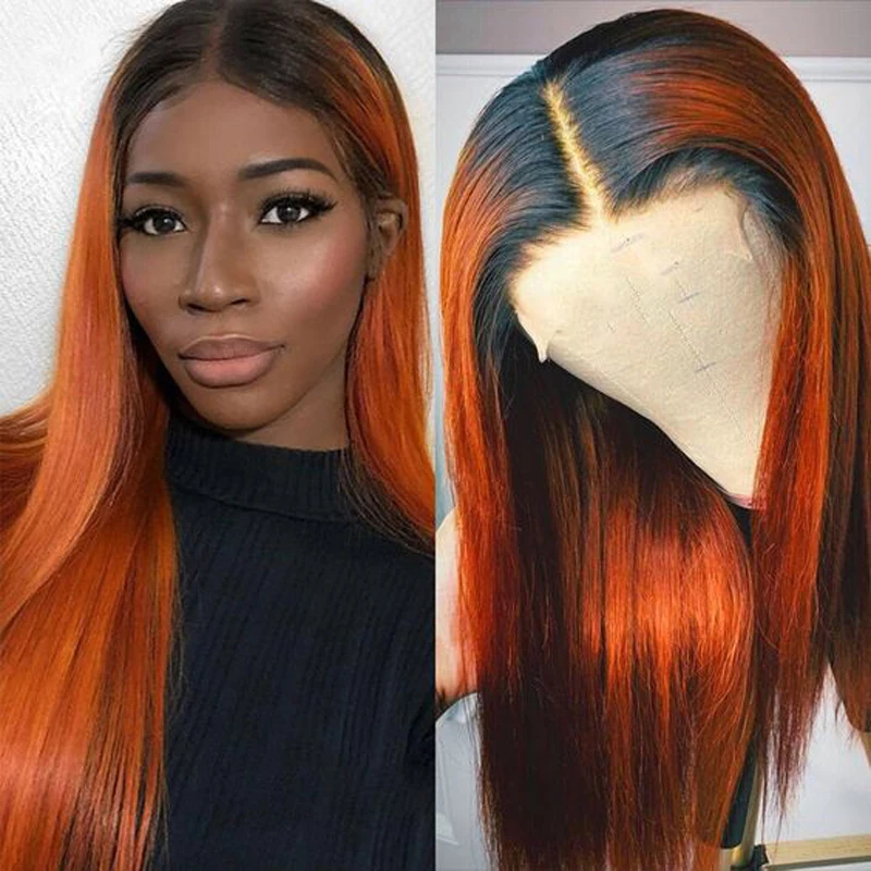 

26Inches 180% Density Soft Glueless Ombre Orange Long Preplucked Straight Lace Front Wig For Black Women With BabyHair Daily