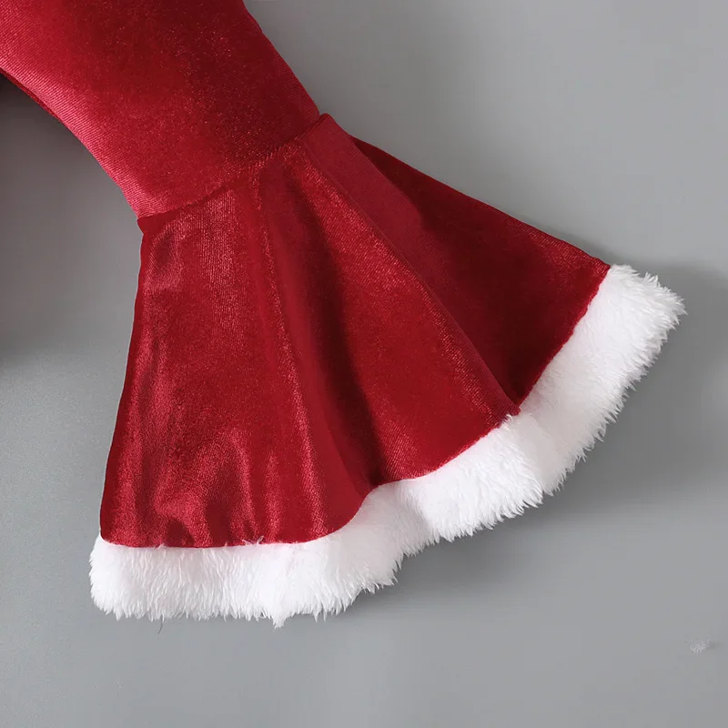Girls Christmas Cosplay Long Sleeve Bell Bottom Velvet Suit Carnival Party Santa Claus Costume For 2-10 Years