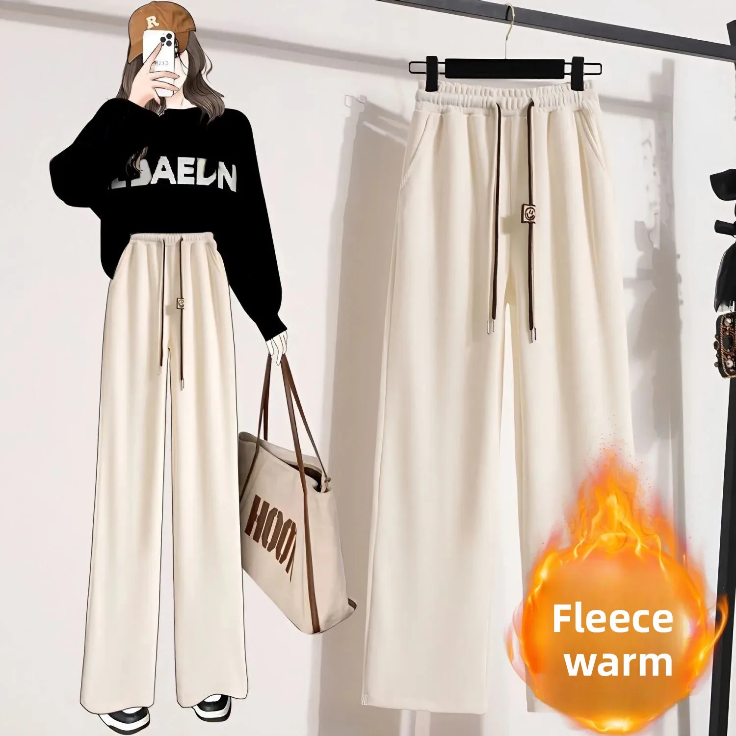 خريف شتاء سميكة الصوف بنطال ذو قصة أرجل واسعة المر...