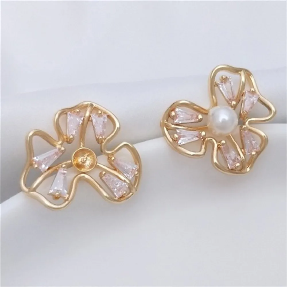 14K Gold-plated Zircon Clover Flower-shaped Half-hole Beaded Earrings 925 Silver Needle Diy Sticky Pearl Earrings E226