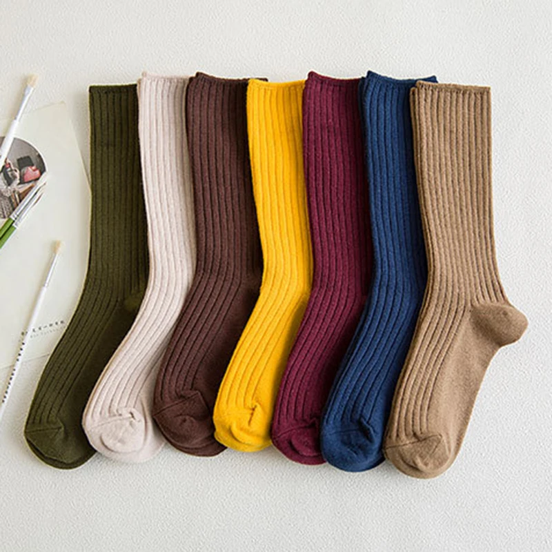 1 Pair Retro Women Cotton Loose Socks Autumn Winter Knitting Solid Color Long Black Pink Korean Japanese Student Girls Stockings womens socks
