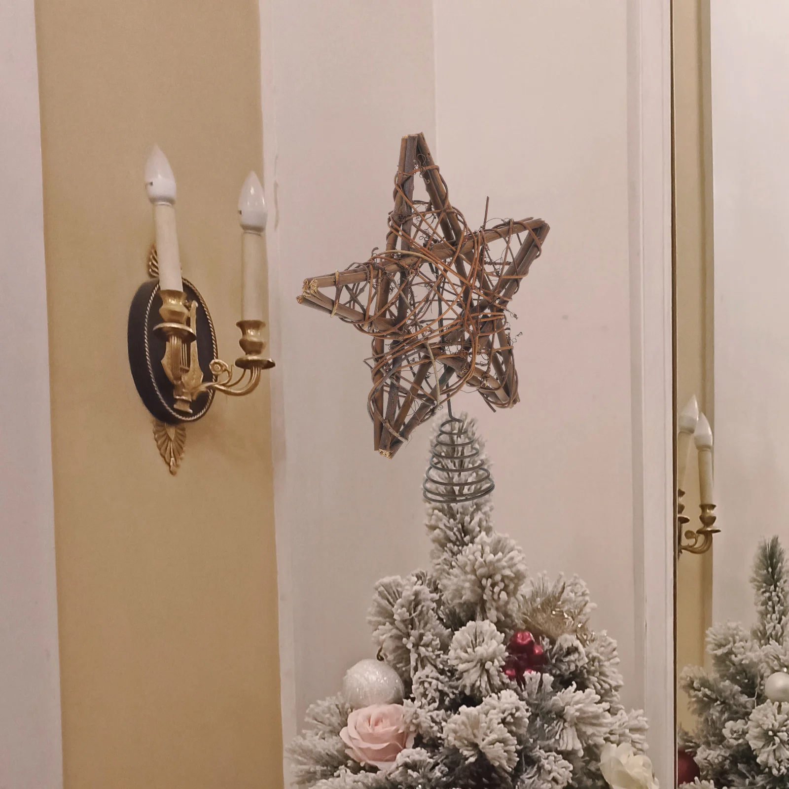 

Christmas Rattan Star Treetop with Spring Support Xmas Tree Topper Decoration Simulated wreath for home decor