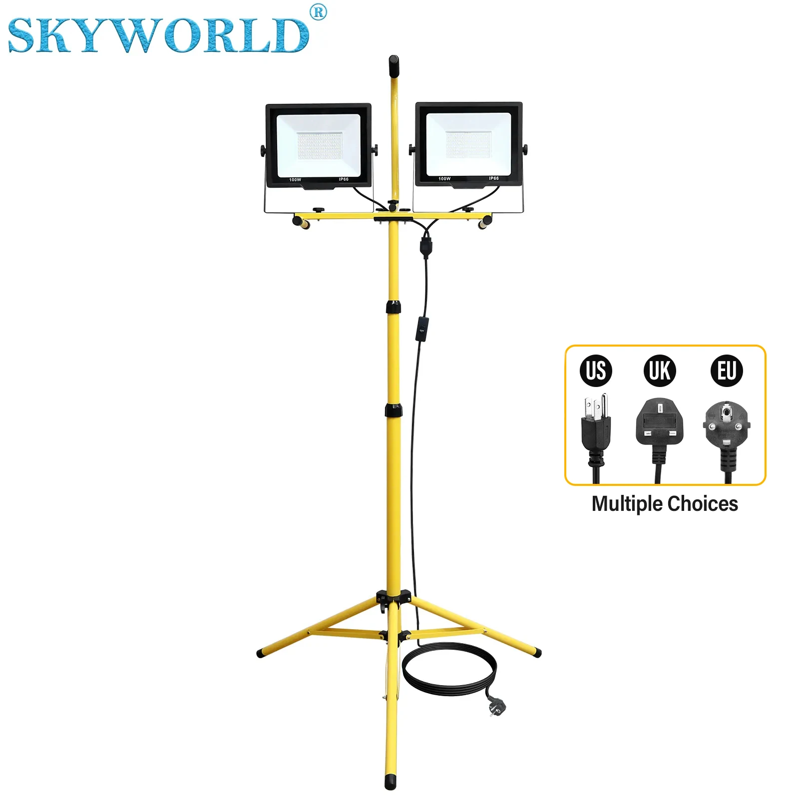 SKYWORLD LED Flood Light 2X100W 5000K led Work Light with 100in Adjustable Metal telescoping Tripod Stand Indoor Outdoor IP66