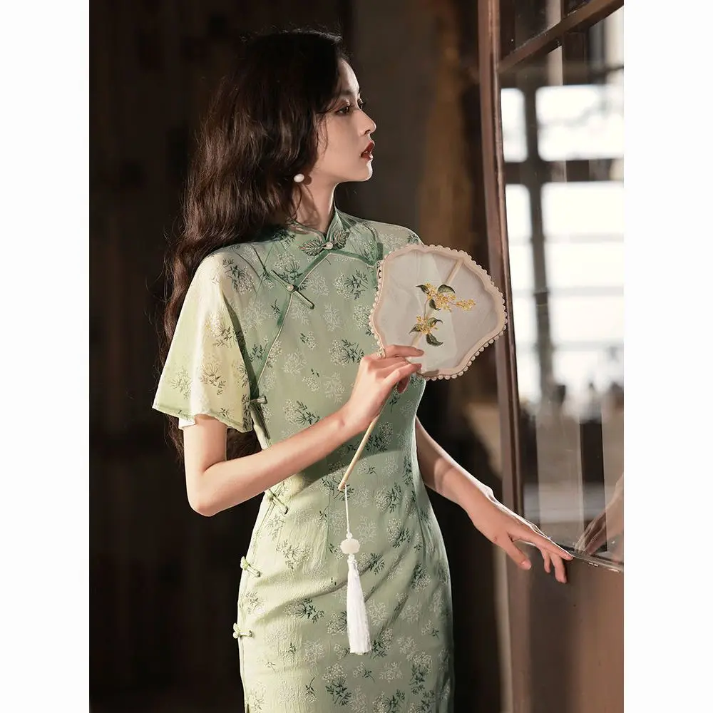 Pmwrun Summer Green Chiffon Sex Cheongsam Double-Breasted Side Buttons Qipao Girls Little Fresh Daily Side Slit Chinese Dress new slim fit groom tuxedos beige two buttons side slit best man suit wedding groomsman men suits bridegroom jacket pants vest