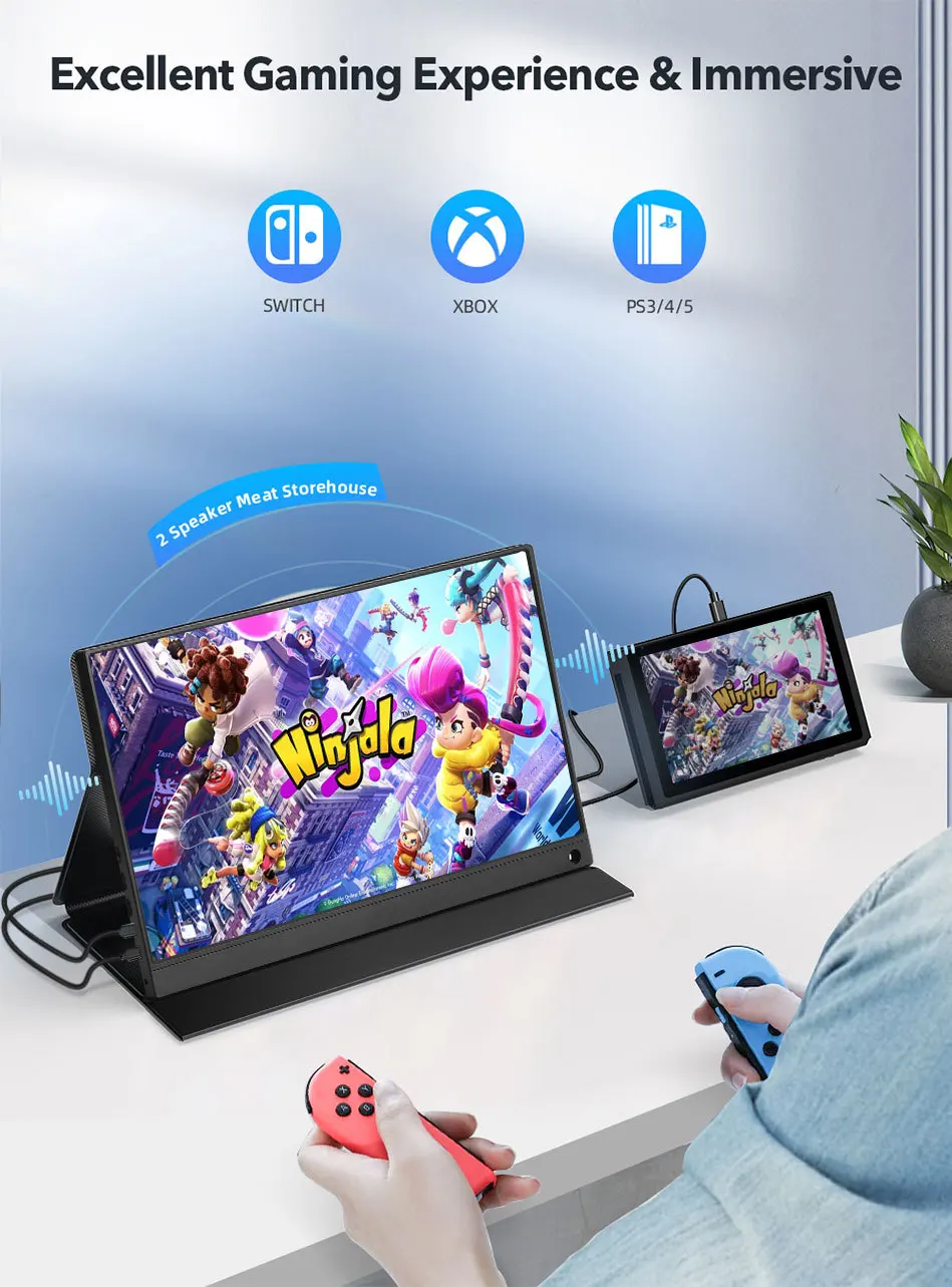 15.6" 1080P Portable Monitor 1920*1080 16:9 72%sRGB Gaming Display For Xbox PS5 Switch Laptop Mac Phone With Speaker