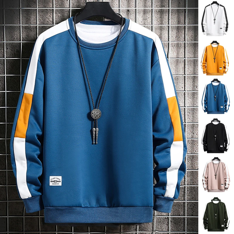 Long Sleeve Harajuku Sweatshirts Men 2022 New Fashion 6 Color Hoodie Mens Casual O-Neck Patchwork Sweatshirt for Young | Мужская одежда