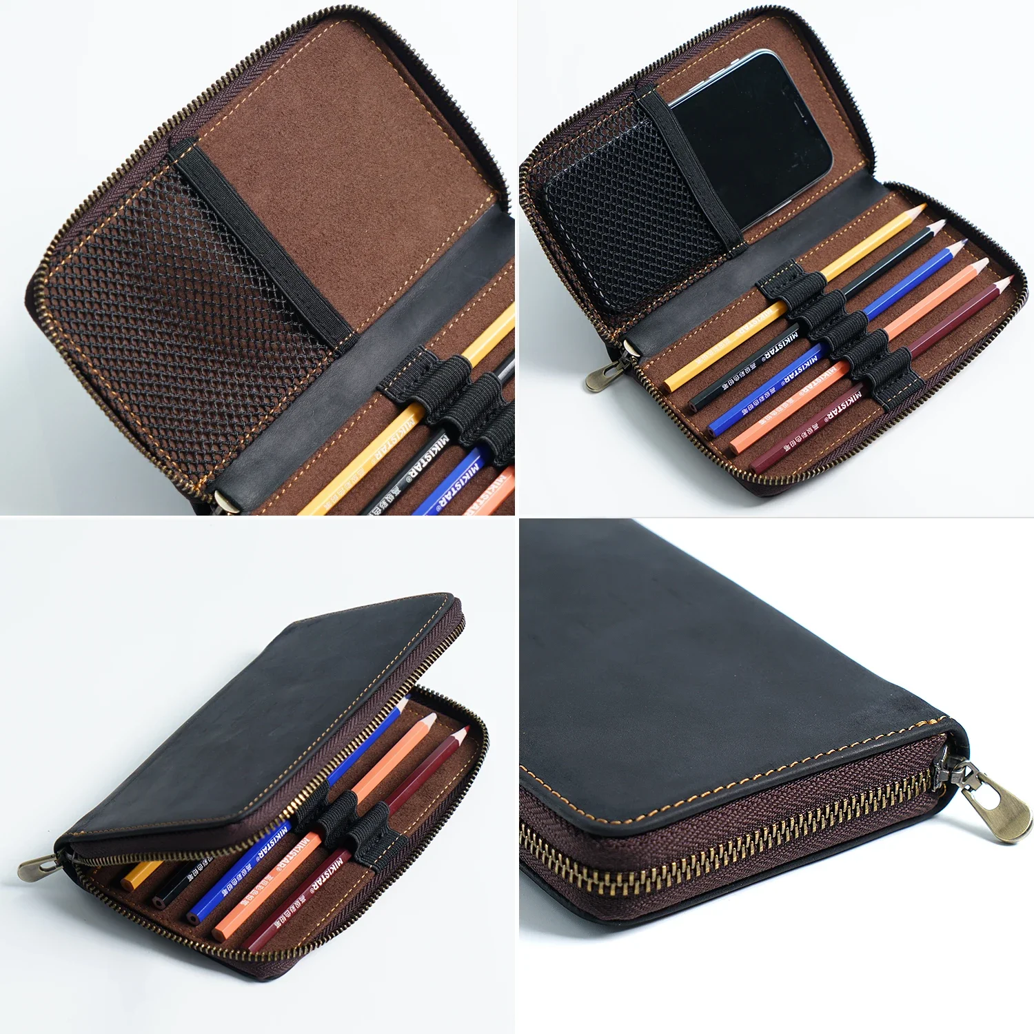 Leather Pencil Case Zipper Retro Pen Pouch for School Students Cowhide Men Pencil Bag with Pen Slots Unisex pencil cases