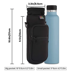 Portable Water Bottle Carrier Bag with Adjustable Strap and Dual Pockets (Black)