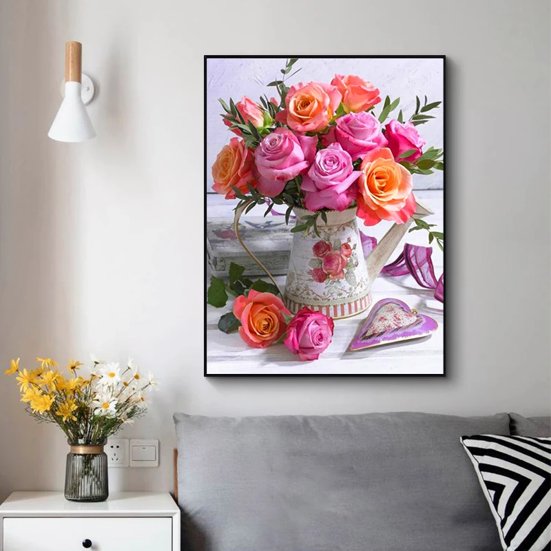 Diamond Painting 5D DIY Flowers Vase Cross Stitch Kit Full Drill Embroidery Mosaic Rose Art Picture Of Rhinestones Gift Decor