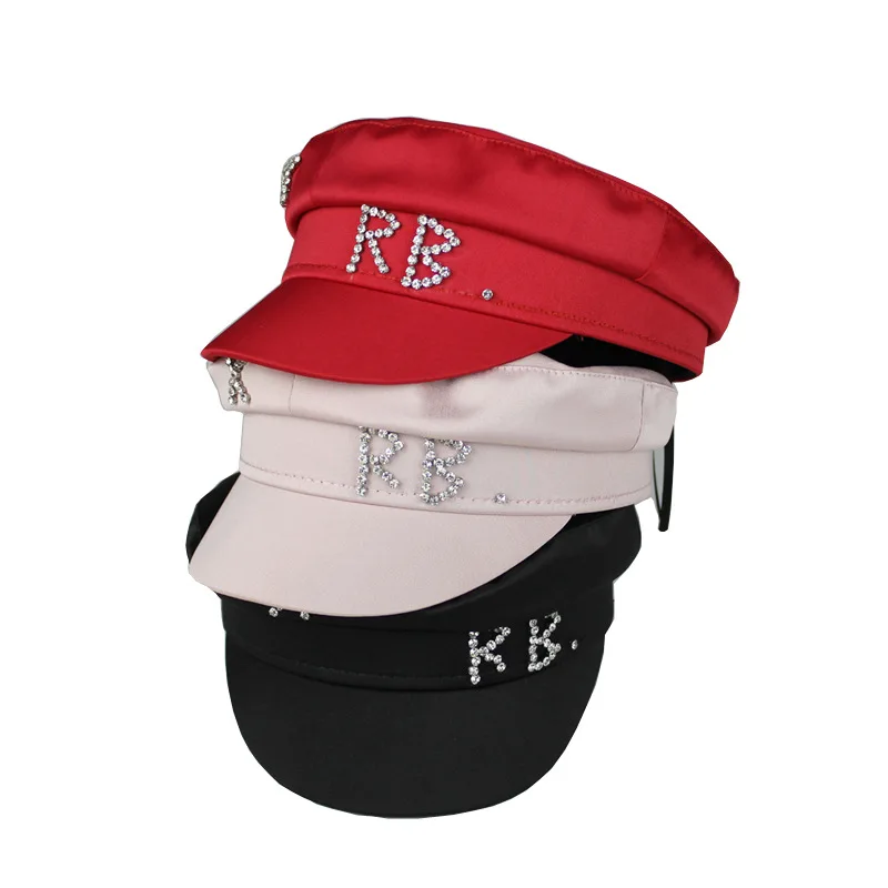 Women hats women military hat Trendy satin letters flat top military hats brand designer spring summer newsboy cap crystal baker boy hat visor
